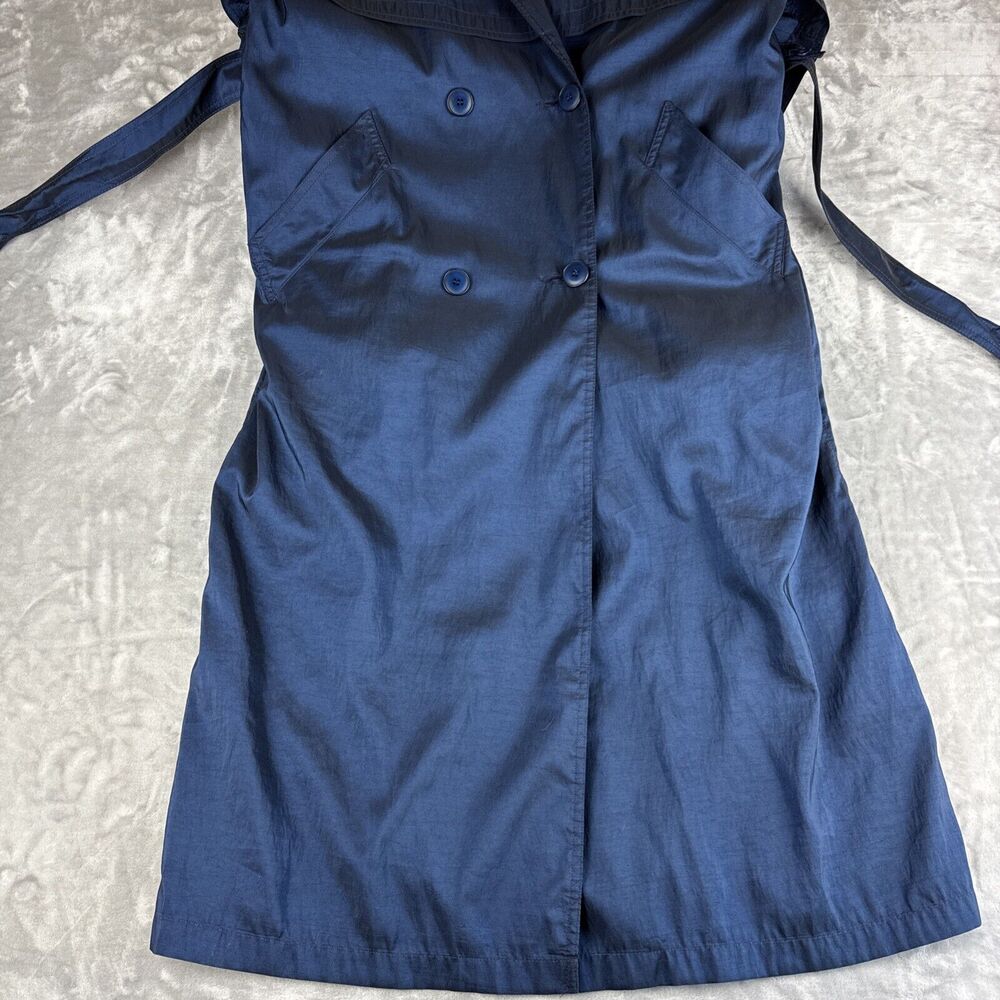 1980's Iridescent Blue Trench Coat Women's 9/10 Shoulder Epaulets‎ Belted (1107) - Picture 8 of 15